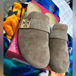Tory Burch Taupe Suede Slip-On Shoes